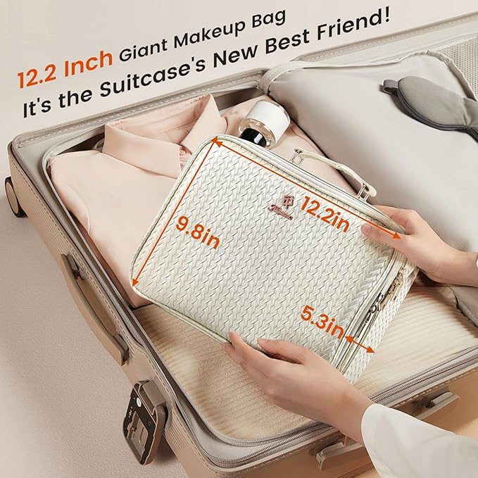 Faquenc Makeup Bag with LED Lighted Mirror 12.2 IN Cosmetic Train Case Double Layer Makeup Case Adjustable Brightness in 3 Colors Cosmetic Organizer Artist Storage with Brush Holder Vanity Beige
