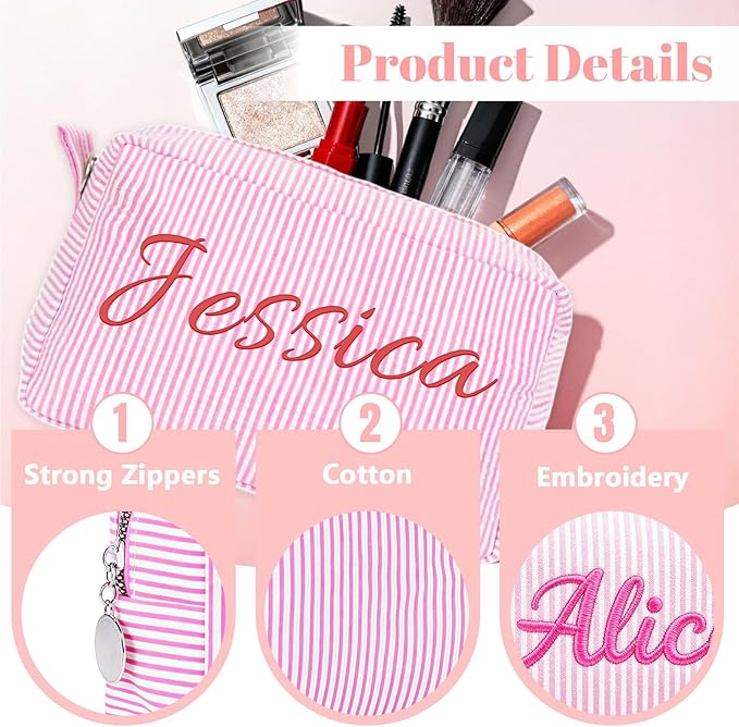 SYSTUTY Personalized Makeup Bag with Embroidered Name,Custom Travel Toiletry Stripe Cosmetic Bag, Wedding Gift for Bridesmaid/Women/Girl