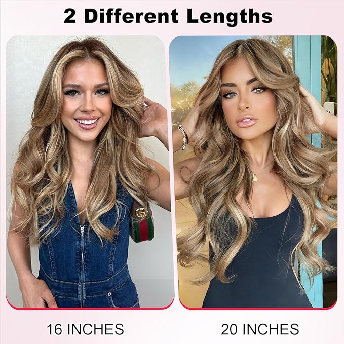 ALXNAN Long Wavy Layered Hair Extensions for Women, Clip in Hair Extensions Clip Ins Soft Full Head Synthetic Hairpieces 16 Inch Medium Brown Ash Blonde