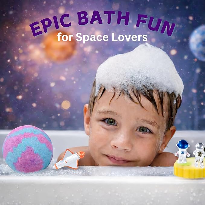EvolutionUSA 1pc Space Bath Bomb for Boys & Girls, Planet Bath Ball with Toy Hidden Inside, Organic Hypoallerganic Childrens Bathbomb, Cosmic Fun Space Surprise, Gift Set Birthday, Christmas, Easter