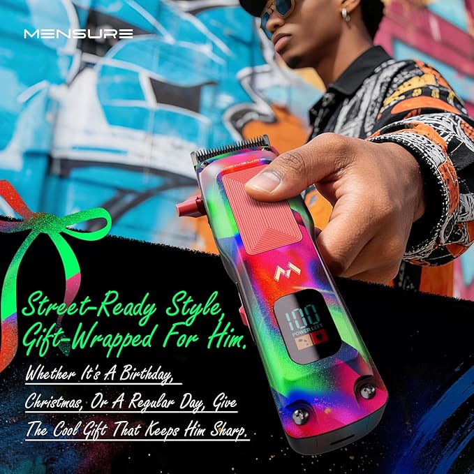Mensure Professional Hair Clippers for Men, 7500RPM Metal Barber Clippers with Graffiti Design, Zero-Gapped Adjustable Blade, Cordless Clippers Kit with Color Guide Combs & Storage Bag
