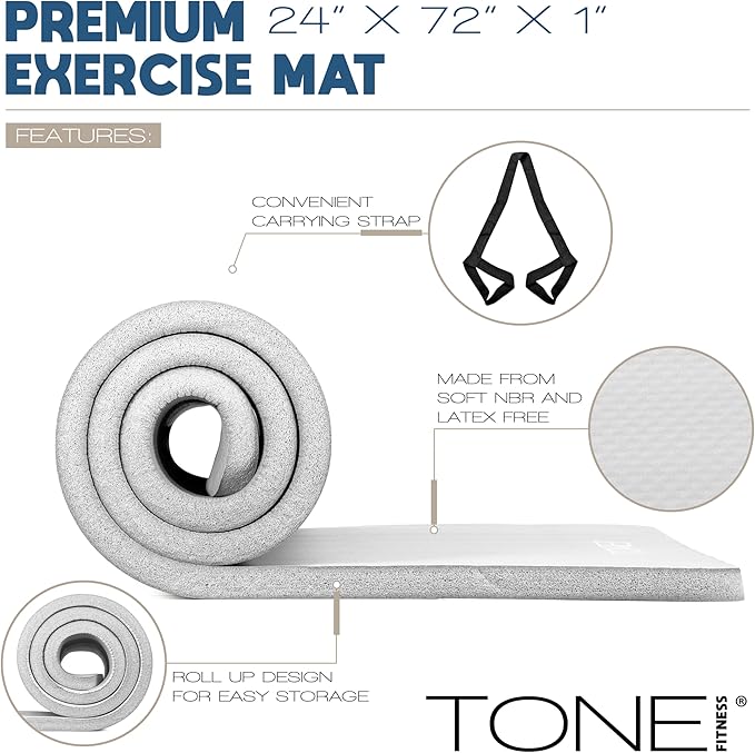 Tone Fitness 1-Inch Thick Yoga Mat | High-Density, Non-slip Exercise Mat with Carrying Strap for Yoga, Pilates, & Home Gym Workouts | Multiple Options