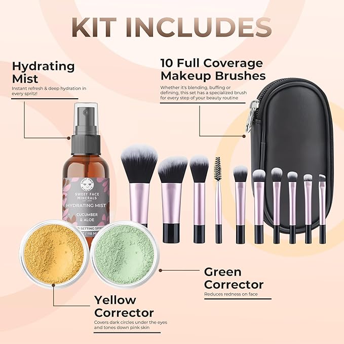 ULTIMATE KIT (EBONY) Full Size Mineral Makeup Set Matte Foundation Kit Bare Face Sheer Powder Cover