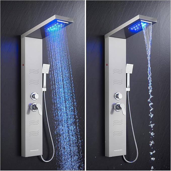 TSIBOMU Shower Panel Tower System with LED Lights, Stainless Steel 5 in 1 Shower Panel with Rainfall Waterfall Shower Head, Body Spray, Handheld Shower, Tub Spout (Brushed)