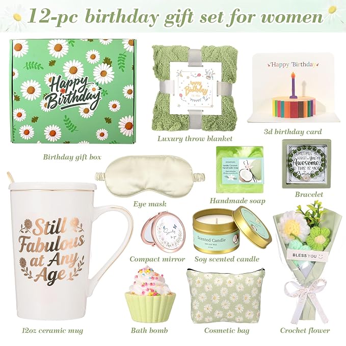 Birthday Gifts for Women Daisy Spa Gifts Box Set,Happy Birthday Gift Baskets for Mom Wife Girlfriend Best Friend Sister Self Care Valentines Day Gifts for Her with Blanket Vanilla Coconut Candle