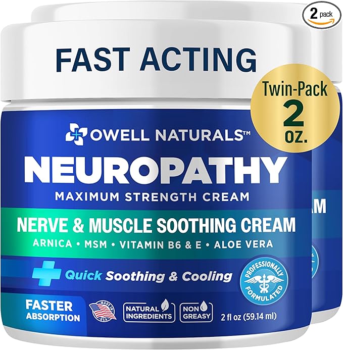 OWELL NATURALS Nerve Soothing Cream, Maximum Strength, Non Greasy, Natural Ingredients Arnica, Aloe Vera, MSM, for Feet, Hands, Legs, Toes, 2 Fl Oz (Pack of 2)