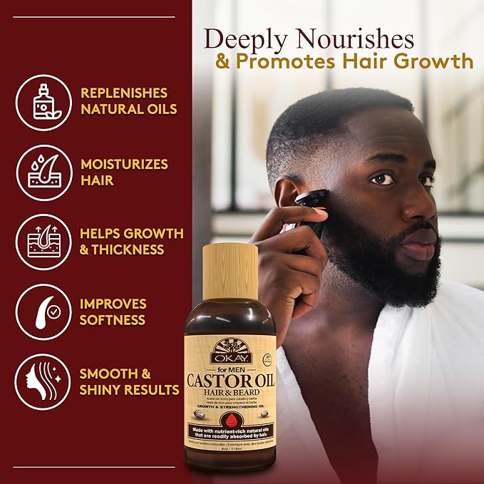 OKAY | Men's Castor Oil Beard and Hair Growth Oil | For All Hair Types & Textures | Stimulates Hair Growth | Readily Absorbed | Free of Silicone & Paraben , Brown , 4 oz