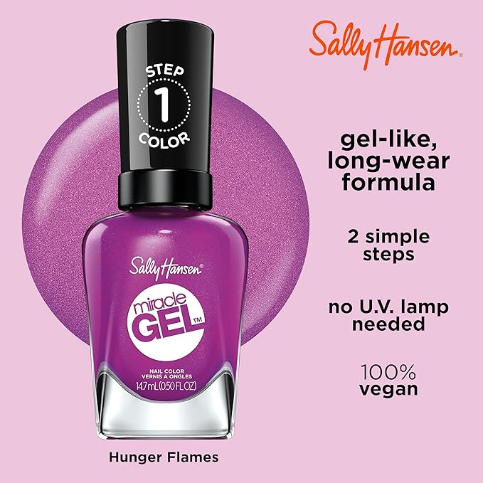 Sally Hansen Miracle Gel Salon Quality Nail Polish | Gel-Like Formula, Two-Step System, No UV Light Needed, Long Lasting | Opaque, Shimmery | 529 Hunger Flames | Purple Nail Color