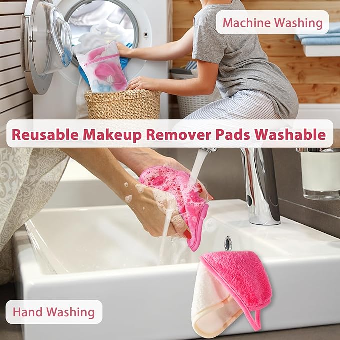 | Reusable Update Makeup Removing Microfiber Cloth for Sensitive Skin | Washable Makeup Remover Towels | Natural Facial Cleansing Towels (6”x 6”, 12 Pack/Pink)