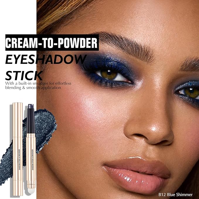 Blue Shimmer Eyeshadow Stick - Dual-Ended Long-Lasting Cream Eye Shadow for Older Women Crease-Proof Metallic Eyeshadow Pencil, Multi-Use Eye Crayon Highlighter Makeup with Built-in Smudger