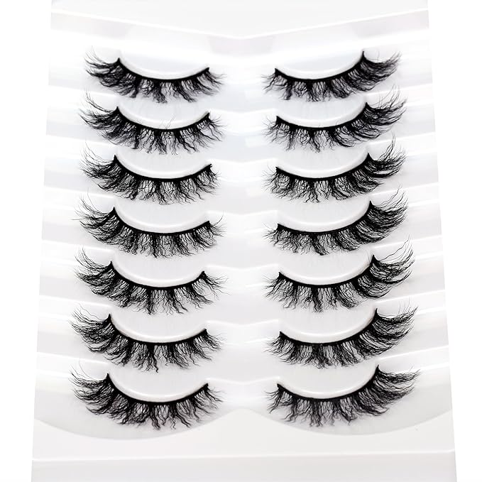 Pooplunch False Eyelashes Pre-Permed Curl Cat Eye Look Wispy Volume Natural Fake Eyelash 8D Faux Mink Strip Lashes 7 Pairs Pack