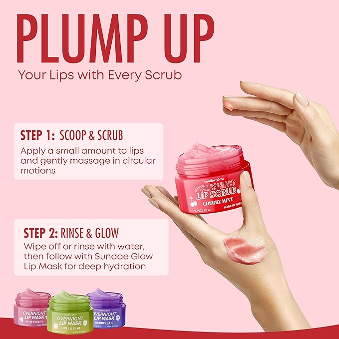 Sundae Glow Lip Scrub with Cherry Mint – Gentle Exfoliation, Deep Hydration & Lip Repair – Softens & Revitalizes Dry Cracked Lips – Dermatologist Tested, Korean Skin Care – Clean Beauty – 1 Pack