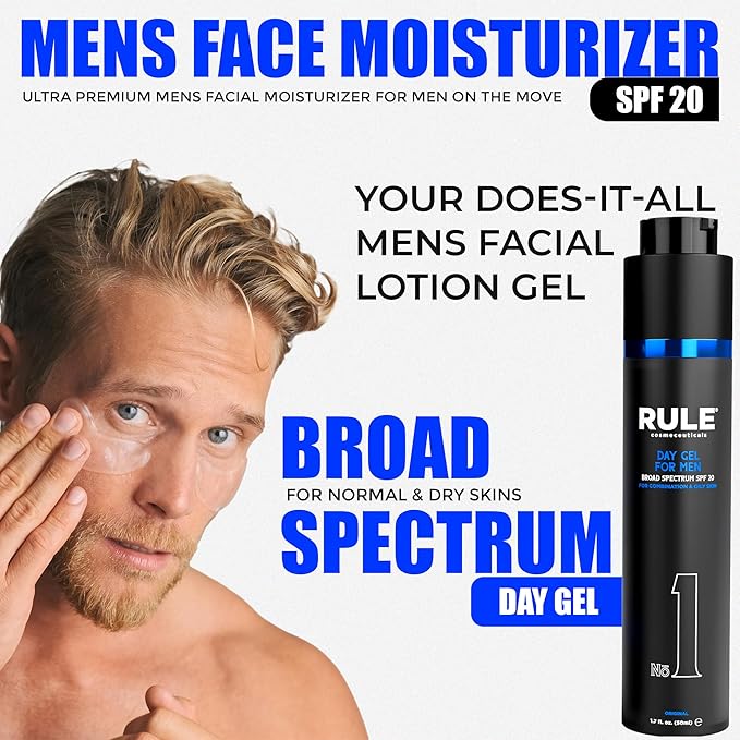 RULE COSMECEUTICALS No.1 Day Gel for Men, 10-in-1 Anti-Aging Face Moisturizer to Reduce Wrinkles, SPF 20, Collagen, Vitamins B, C & E - Combination & Oily Skin - Original, 50 mL