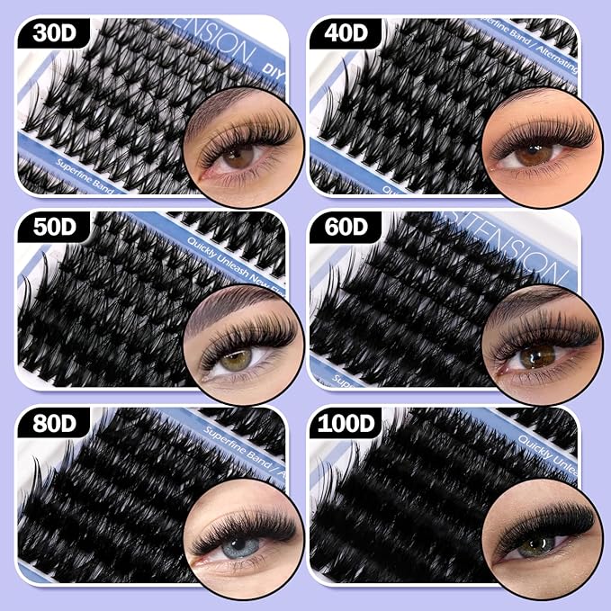 DIY Lash Clusters Kit 30-100D Volume Eyelash Extension Kit 8-16mm Thick Individual Lashes 708pcs with Lash Bond and Seal, Lash Tweezers, lash brush,Super Thin Band Eyelashes