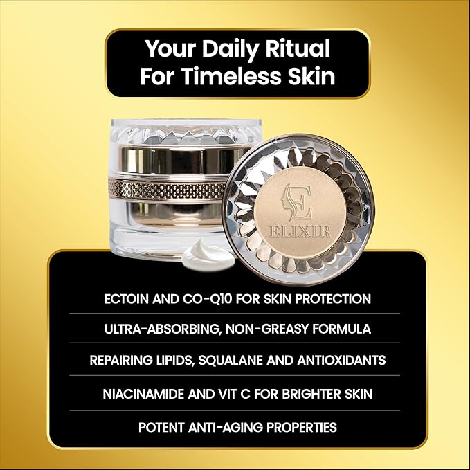 Elixir Day Cream Luxurious Silk Anti-Aging Cream NO Preservatives or Parabens. For All Skin Types,Targets Wrinkles Face,Neck & Decollate Over 50 Skin Nutrients,Collagen,Squalene & Repair Vitamins