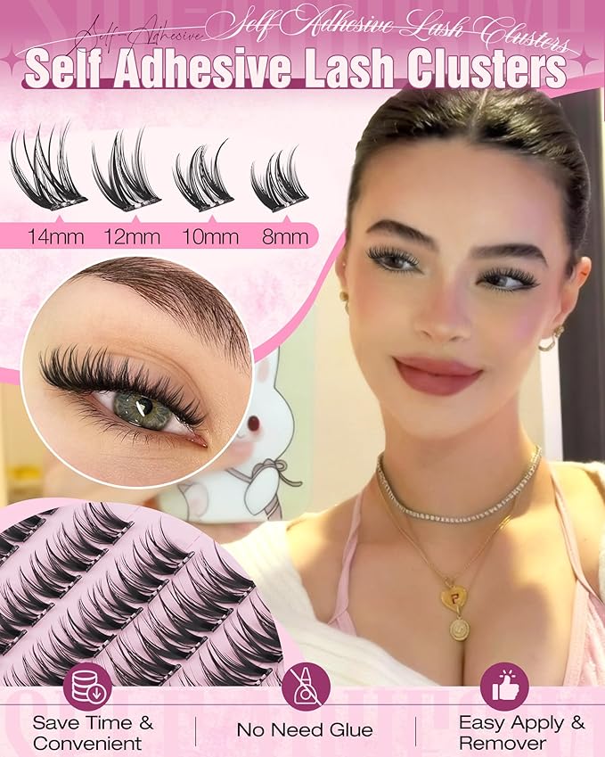 Self Adhesive Eyelashes Wispy Self Adhesive Lash Clusters Natural Clear Band Eyelash Clusters 8-14mm Short Cluster Eyelash Extensions Pre-Glued Cluster Lashes by Delyneph