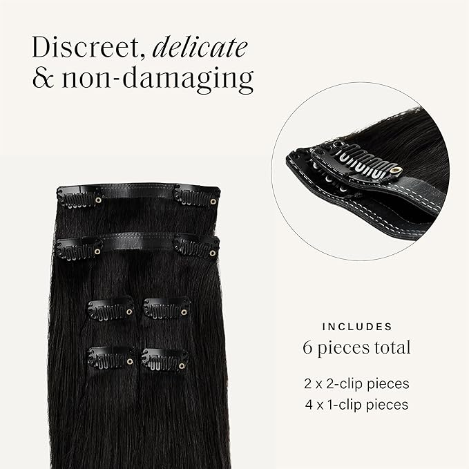 Luxy 100% Remy Human Hair Extensions for Thin Hair Thinning Hair Fill-Ins – 6 Seamless Wefts Multi-Dimensional Color Blend - Natural-Looking Volume & Coverage 95 grams 20" Jet Black Thinning