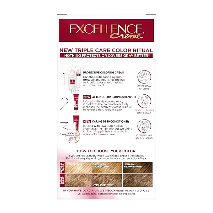 L'Oreal Paris Excellence Crème Permanent Hair Dye, Triple Care Hair Color with Hyaluronic Acid for 100% Gray Coverage, 7 Dark Blonde, 1 Kit (Packaging May Vary)