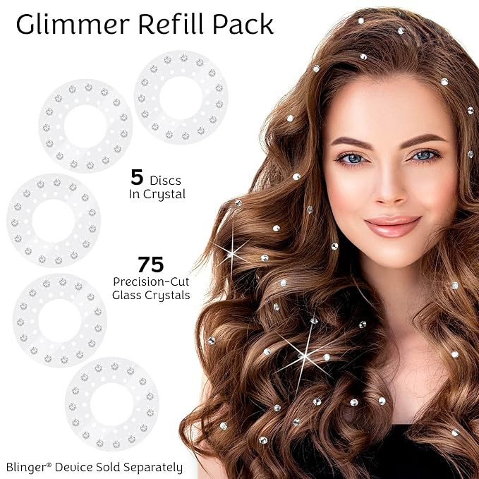blinger® Shimmer Crystal Refill Pack – as seen on Shark Tank | 5 Discs – 75 Precision-Cut Glass Crystals | Hair-Safe Accessories | Styling Tool Not Included| Crystal 5 mm