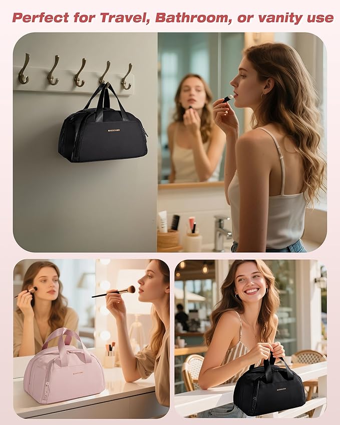 Marscamd Travel Toiletry Bag for Women, Waterproof Makeup & Cosmetic Organizer with Leakproof Pockets for Bathroom or Vanity Use, Black