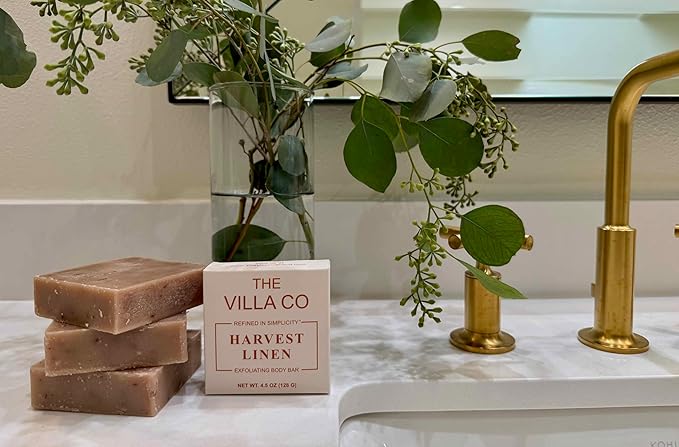 The Villa Co - Harvest Linen | 4.5oz Exfoliating Body Bar for Women & Men | Artisan Made in USA | Natural Ingredients