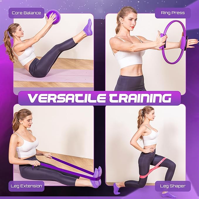 Pilates Ring and Ball Set for Home Workout – Pilates Kit for Full Body Toning & Flexibility with 15” Pilates Ring, Pilates Ball, Non-Slip Socks, Stretching Strap, 5X Resistance Bands & Tote Bag