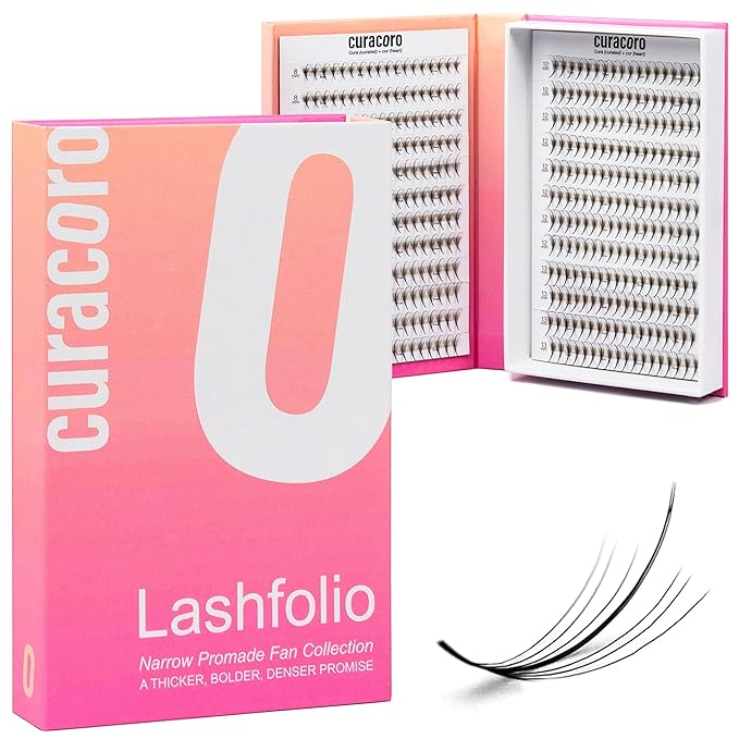 Curacoro LashFolio Narrow Wispy Fans, Handmade Volume Eyelashes, 5D To 10D, C CC D Curl, 0.03~0.07 mm, 8-13mm Mix Length, Professional Long-Lasting Promade Lash Fans (7D-0.05 CC 8mm-13mm)
