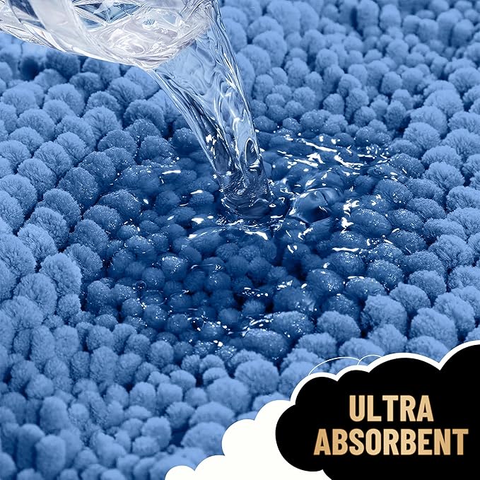 OLANLY Thick Bathroom Rugs 24x16, Extra Soft Absorbent Chenille Striped Bath Rugs, Rubber Backing, Machine Wash, Bath Mats for Bathroom Floor, Tub and Shower, Home Decor Accessories, Cornflower Blue