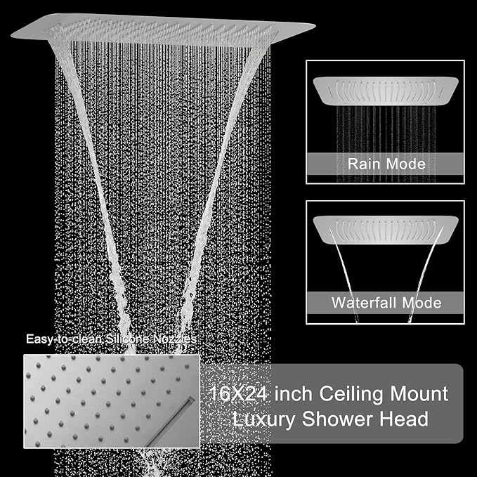 KATAIS Brushed Nickel Shower System with Digital Temperature Display, 16x24 inch Ceiling Shower(Rain&Waterfall Modes), with 6 PCS Body Jet and Handheld Spray