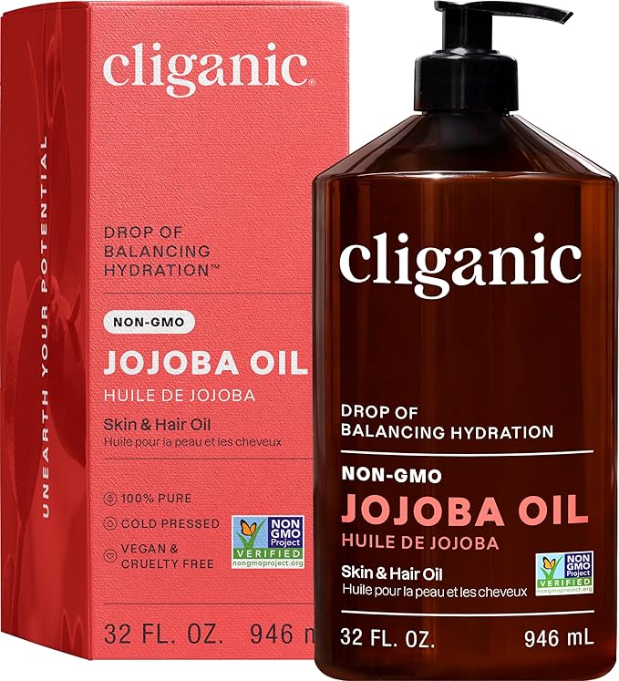 Cliganic Jojoba Oil Non-GMO, Bulk | 100% Pure for Skin, Hair & Face, Cold Pressed Natural Hexane Free - Hair Relaxer (32 oz)