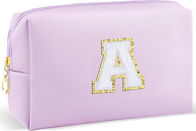 URSKYTOUS Gifts for Girls Initial Makeup Bag Personalized Cosmetic Bag with Zipper Cute Travel Toiletry Bag Waterproof PU Preppy Makeup Pouch Birthday Gift for Teen Girls Women(Purple A)