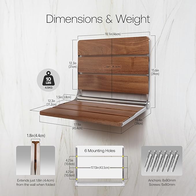 Homewell 18" Folding Shower Seat - Wall Mounted Burmese Teak Wood Shower Seat, 330lbs Capacity - Foldable Shower Chair for Extra Comfort, Seniors, Pregnant & Multi-Purpose Use (Stainless Steel)