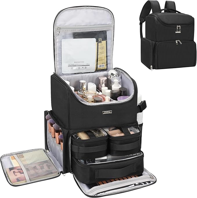 Relavel Makeup Backpack Large Makeup Bag with 3 Clear Set Bags, Dual Layer Professional Cosmetic Organizer Travel Train Case Makeup Artist Kit with Adjustable Dividers & Easy to Clean Lining, Black