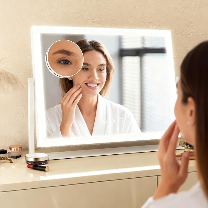 HNV 16.3" Lighted Makeup Mirror with Sleek LED Strip, 360° Rotation Vanity Mirror with Lights, 3 Color Dimmable, 10X Magnification, Smart Touch Control (White)