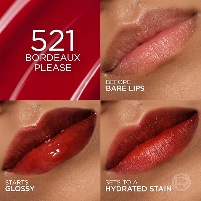 L'Oreal Paris Hyaluron Tint Lip Stain Serum, Long Lasting, Hydrating Lip Makeup Infused with Hyaluronic Acid, 521 Bordeaux Please (Deep Wine Red)