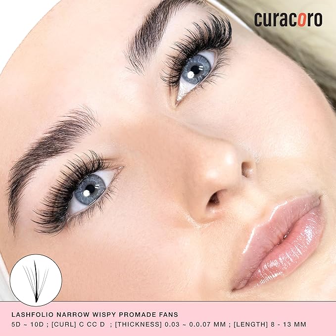 Curacoro LashFolio Narrow Wispy Fans, Handmade Volume Eyelashes, 5D To 10D, C CC D Curl, 0.03~0.07 mm, 8-13mm Mix Length, Professional Long-Lasting Promade Lash Fans (7D-0.05 C 8mm-13mm)