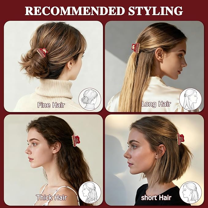 18K Gold Plated Small Claw Clips - 1.7 Inch Cute Rhinestone Hair Clips for Women Girls Thick Thin Hair, Premium French Hair Accessories for Half-Up, Birthday Valentine's Gift for Her, Red