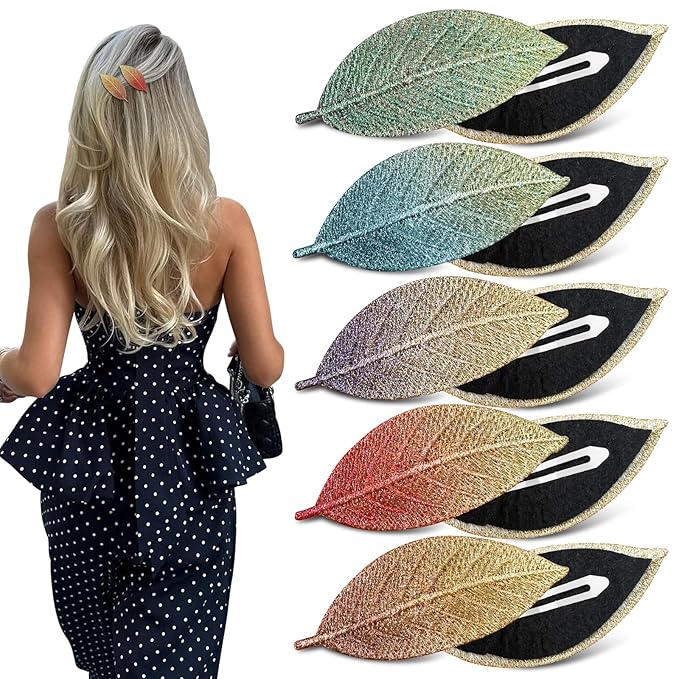 Glitter Silk Leaf Hair Clips 10Pcs for Girls, 5 Color Sparkling Hair Mini Claw Clips with Secure Grip - Non-Slip Hair Accessories for Women, Daily Party Use