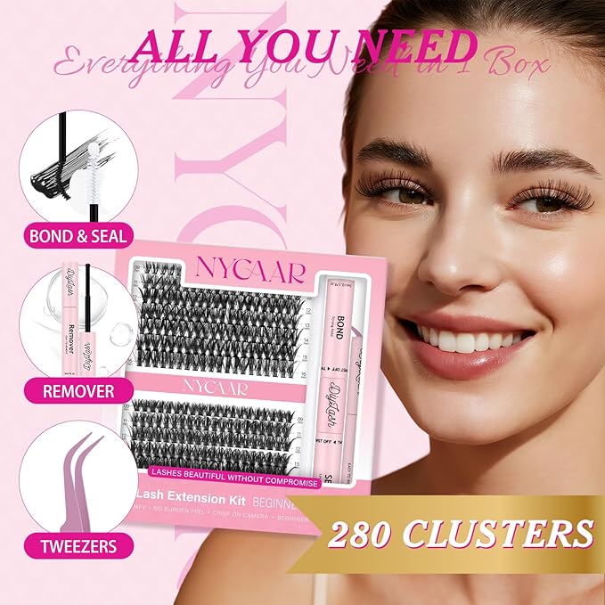 DIY Lash Extension Kit 280Pcs Individual Eyelash Extension Kit 40D50D 0.07D Curl 9-16MIX Lash Clusters Kit with Lash Glue Remover Applicator Easy to Use for Beginners