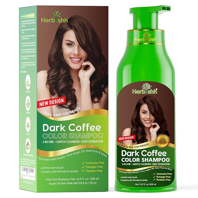 Herbishh Hair Color Shampoo for Gray Hair – Natural Hair Dye Shampoo – Colors Hair in Minutes – Lasts Up To 3-4 Weeks – 500ML – 3-In-1 Hair Color – Colors, Cleanses, and Conditions (Dark Coffee)