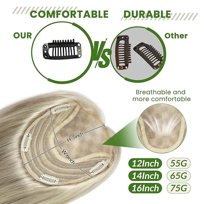 HAIR Toppers for Women Real Human Hair 150 Density 14 inch 65 grams 6x7 inch Caramel Blonde Highlighted Blonde lace Silk Base Clip in Hair Pieces for Women（#18P60 14inch）