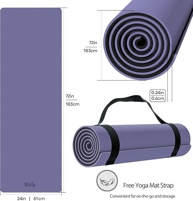 Non-slip TPE Yoga Mat for Women & Men,72"x24" Double-Sided Workout Mat for Home Gym Pilates Fitness,1/4 Inch Packable Lightweight Exercise Mat with Strap for Travel,Non Toxic Exercise Floor Mat