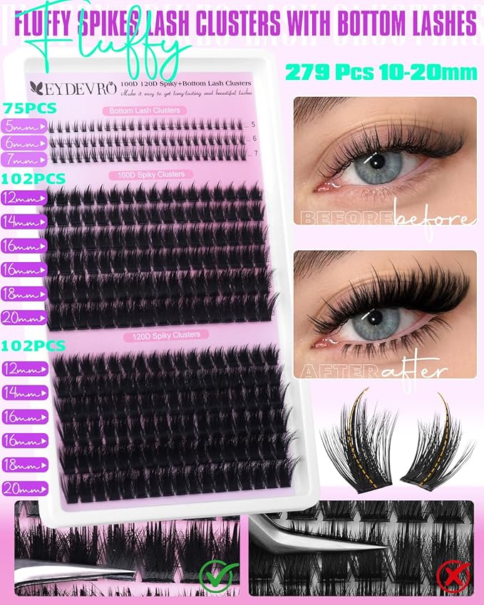 EYDEVRO Fluffy Lash Clusters with Bottom Lashes Volume Eyelash Clusters with Spikes Thick Full 10-20mm Cluster Eyelash Extensions D Curl Individual Cluster Lashes Fairy Manga DIY Lash Extensions