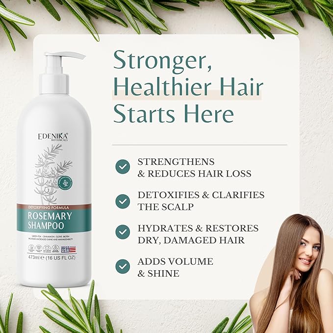 Edenika Botanicals Rosemary Oil Shampoo with Biotin for Thinning Hair & Anti-Hair Loss, Strengthening Botanical Formula, Women & Men, Sulfate-Free, Organic, 16 fl oz