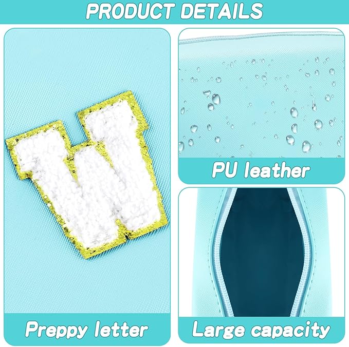 URSKYTOUS Gifts for Girls Initial Makeup Bag Personalized Cosmetic Bag with Zipper Cute Travel Toiletry Bag Waterproof PU Preppy Makeup Pouch Birthday Gift for Teen Girls Women(Blue W)