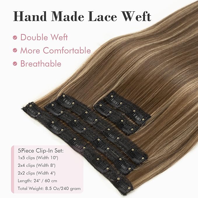 REECHO Clip in Hair Extensions, Hair Extensions Thick Long Lace Weft Lightweight Synthetic Hairpieces for Women (24 Inch-240 Gram(Pack of 5), Chocolate Brown with Golden Blonde Highlights)