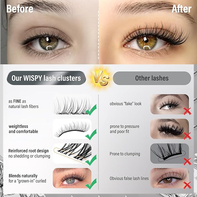 Velure Lash Clusters Natural Cluster Eyelash Extensions Wispy Individual Lashes Clusters DIY Ultra-Light Lash Extensions Soft C Curly Eye Lashes with Invisible Thin Band, 8-16mm, 120Pcs