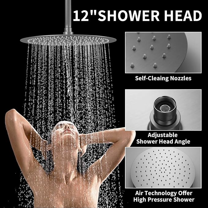 HONGTONGSOWER Brushed Nickel Shower System 3-Function Ceiling Shower Faucet Set with 12" and 8" Rainfall Dual Shower Head and Handheld Shower with Adjustable Slide Bar, Full Body Shower System Fixture