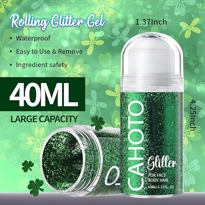 Green Rolling Glitter for Face Body & Hair, Roll-on Sequins for St. Patrick's Day, Sparkling Accessories for Christmas Concert Rave Festival Halloween Party Mardi Gras Carnival, 1.35fl.oz