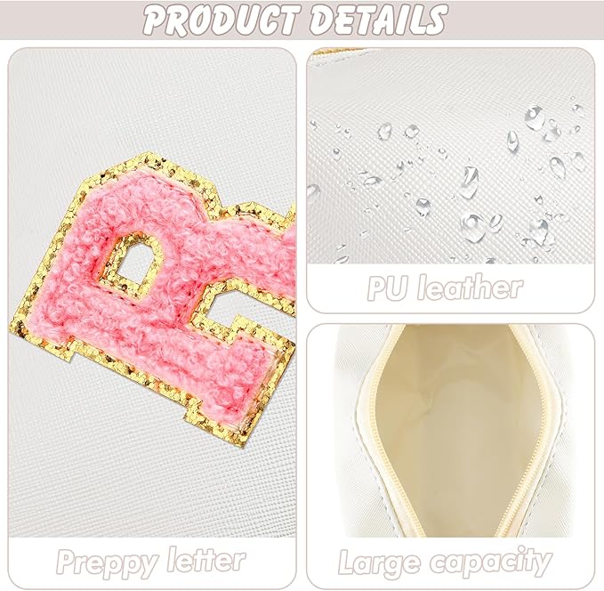 URSKYTOUS Initial Makeup Bag Personalized Preppy Travel Small Cosmetic Bag Cute PU White Chenille Letter Makeup Pouch for Purse Waterproof Zippered Toiletry Organizer for Women Girls Kids Friends (R)